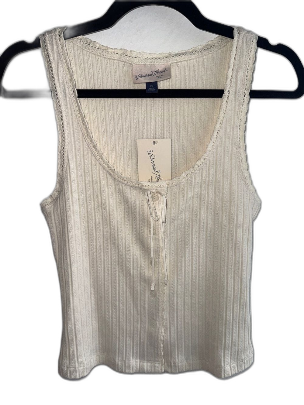 Universal Thread Cream Ribbed Lace-Trim Tank with Front Tie XS Country Boho Fall